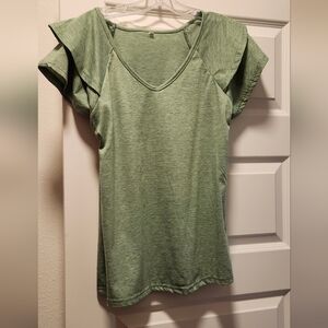 Green V-Neck Ruffle Sleeve Top